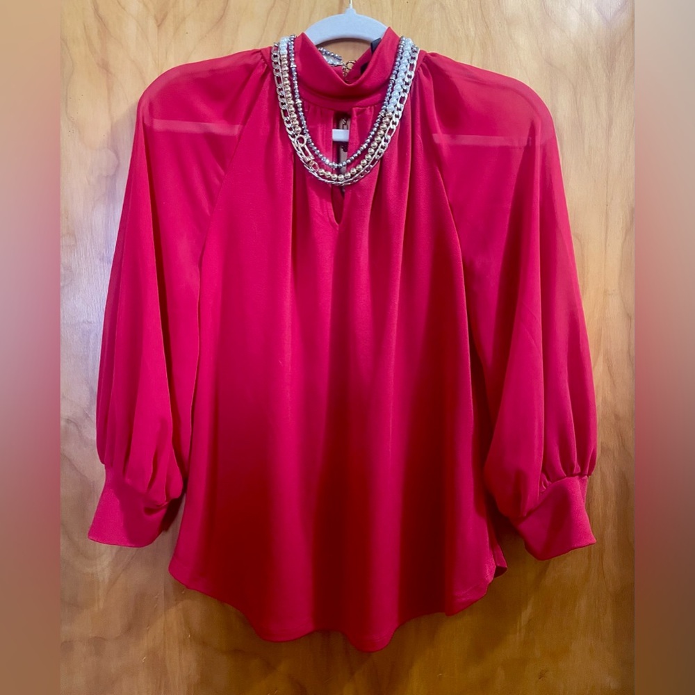 New York & Company Red Blouse with Chain Detail